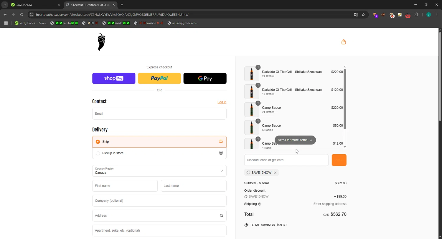 Heartbeat Hot Sauce discount code screenshot showing code SAVE15NOW applied at Heartbeat Hot Sauce checkout page. Uploaded by SimplyCodes community member CrownBoss2710 on Jun 7, 2025