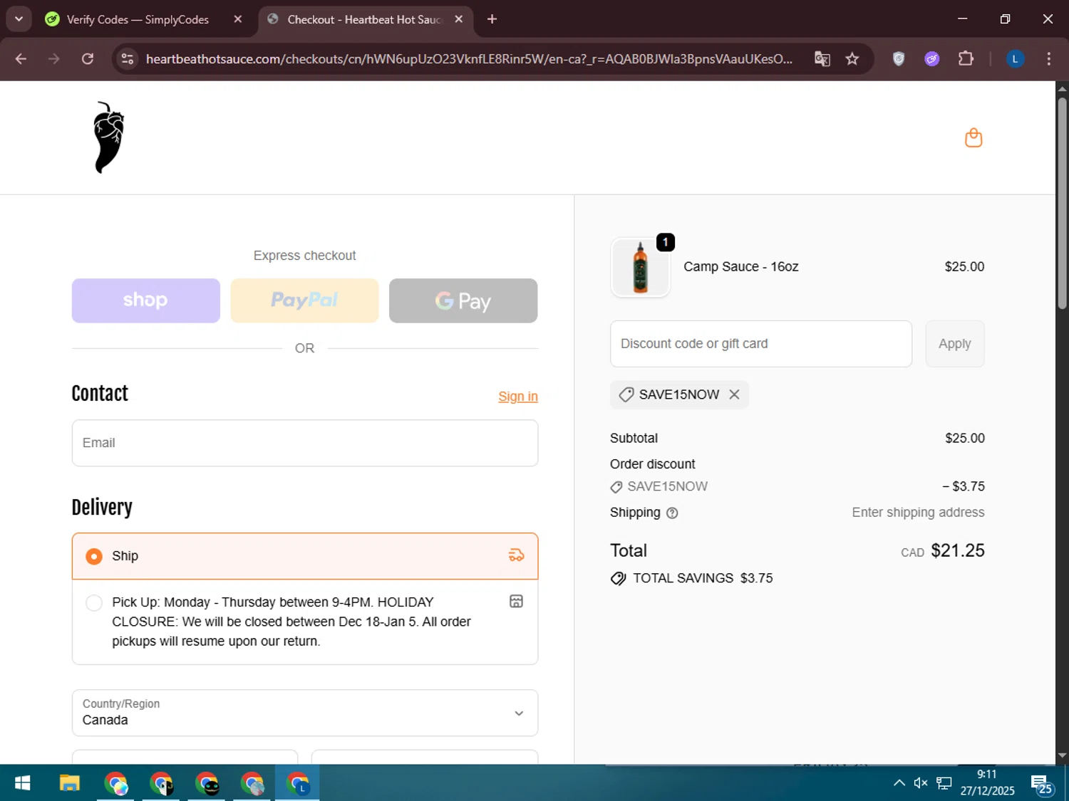 Heartbeat Hot Sauce discount code screenshot showing code SAVE15NOW applied at Heartbeat Hot Sauce checkout page. Uploaded by SimplyCodes community member LegendaryLegend5536 on Dec 27, 2025
