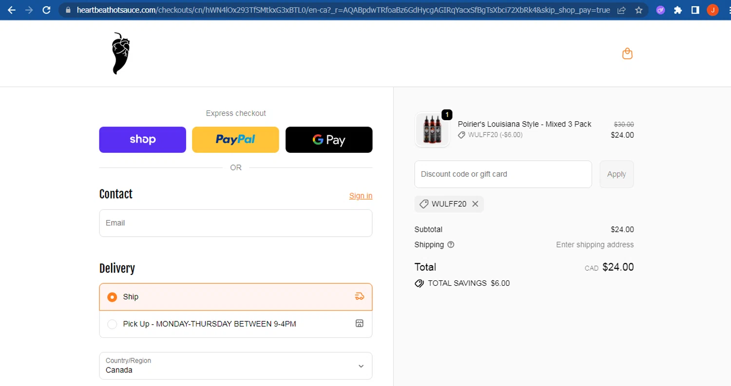 Heartbeat Hot Sauce discount code screenshot showing code WULFF20 applied at Heartbeat Hot Sauce checkout page. Uploaded by SimplyCodes community member FranquizJoel on Oct 31, 2025