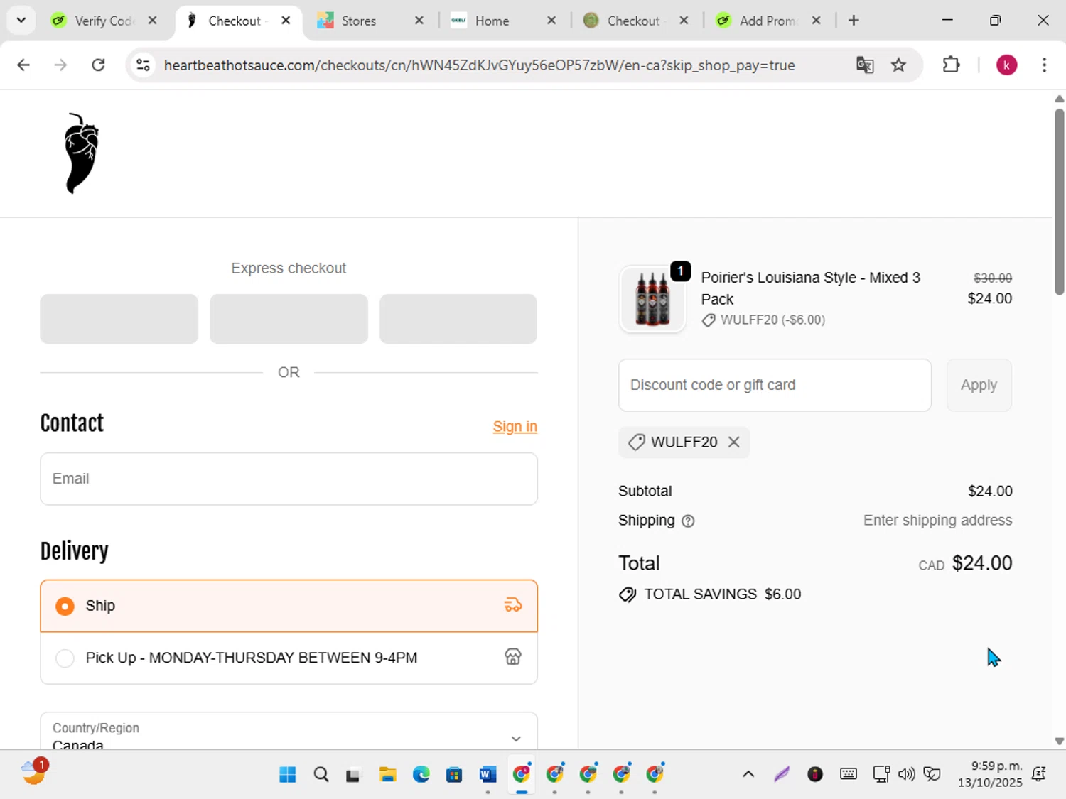 Heartbeat Hot Sauce discount code screenshot showing code WULFF20 applied at Heartbeat Hot Sauce checkout page. Uploaded by SimplyCodes community member karoline on Oct 14, 2025