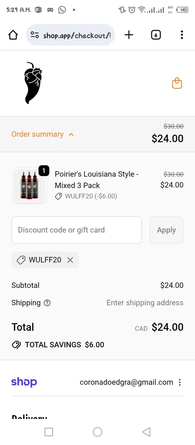 Heartbeat Hot Sauce discount code screenshot showing code WULFF20 applied at Heartbeat Hot Sauce checkout page. Uploaded by SimplyCodes community member tumiedo on Sep 24, 2025