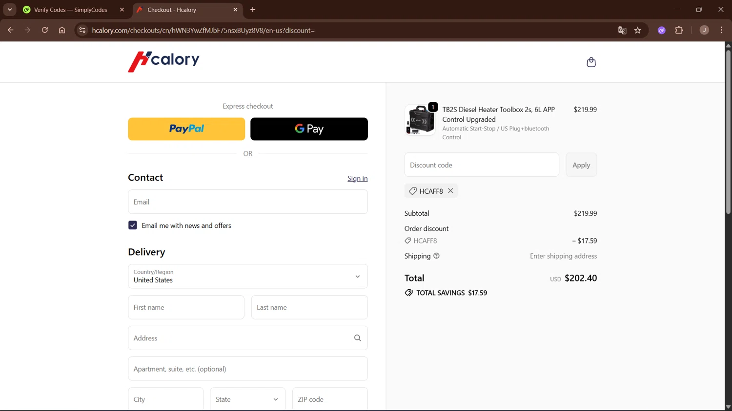 Hcalory discount code screenshot showing code HCAFF8 applied at Hcalory checkout page. Uploaded by SimplyCodes community member WisePro3955 on Sep 30, 2025