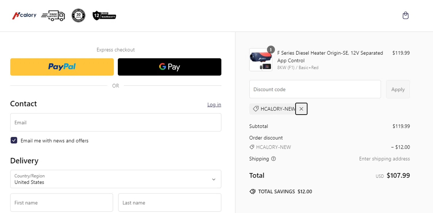 Hcalory discount code screenshot showing code HCALORY-NEW applied at Hcalory checkout page. Uploaded by SimplyCodes community member ValiantWarden3907 on Feb 6, 2025