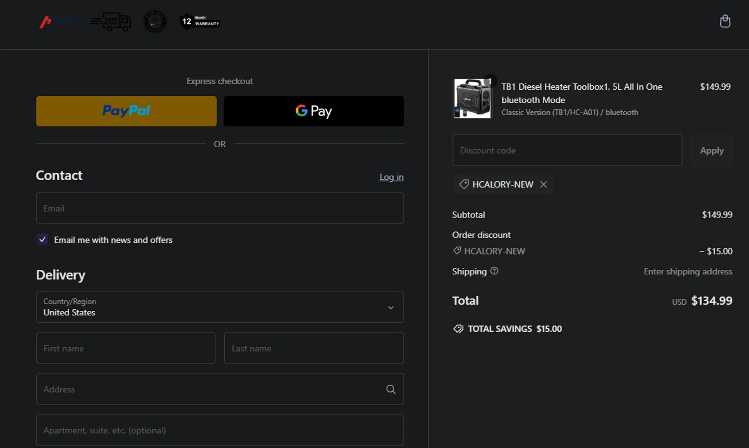 Hcalory discount code screenshot showing code HCALORY-NEW applied at Hcalory checkout page. Uploaded by SimplyCodes community member edwardtoyo on Feb 6, 2025