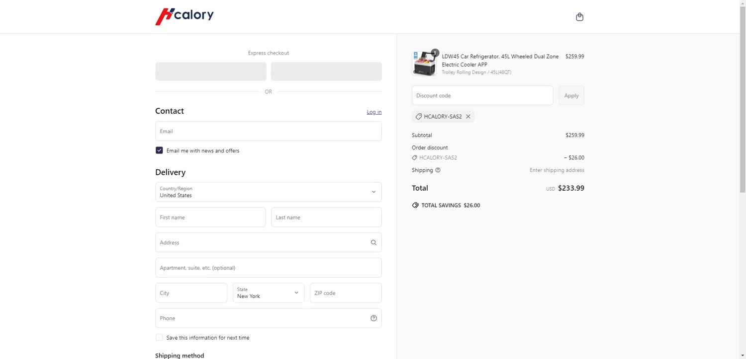 Hcalory discount code screenshot showing code HCALORY-SAS2 applied at Hcalory checkout page. Uploaded by SimplyCodes community member DiscountWarden480 on May 6, 2025