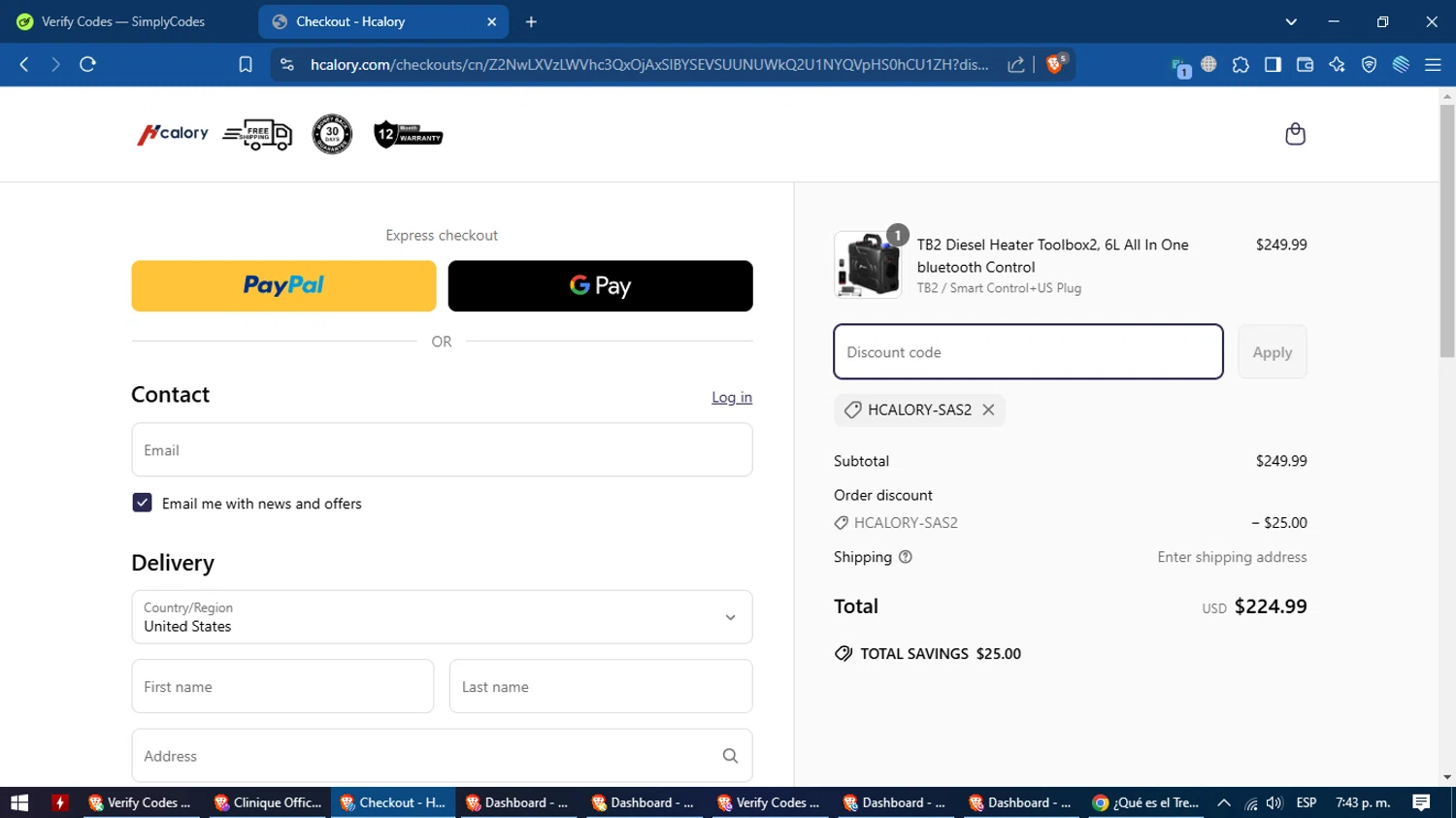 Hcalory discount code screenshot showing code HCALORY-SAS2 applied at Hcalory checkout page. Uploaded by SimplyCodes community member MagnificentVoyager2830 on Mar 21, 2025
