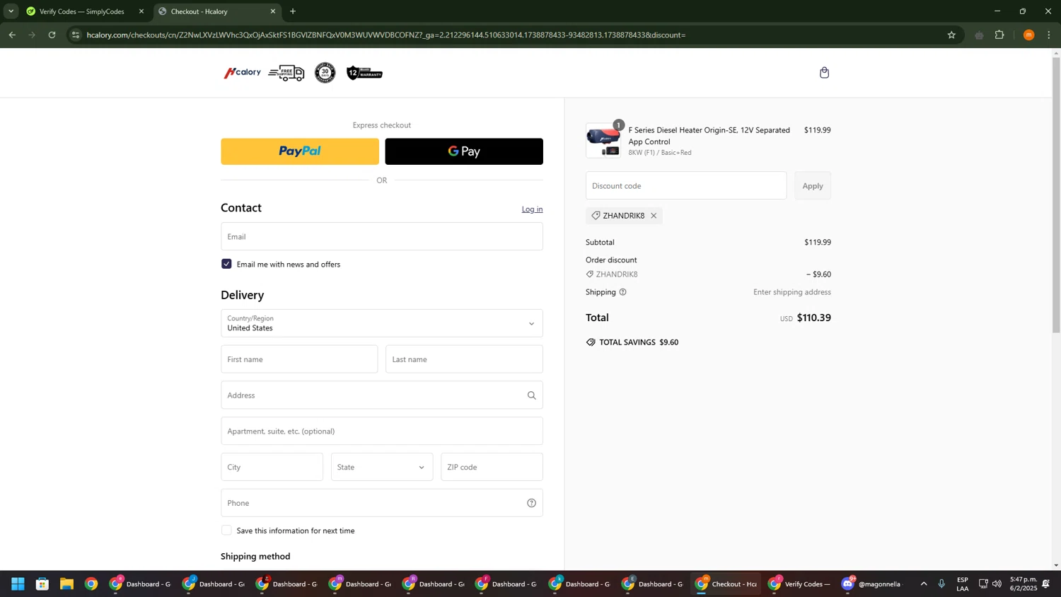Hcalory discount code screenshot showing code ZHANDRIK8 applied at Hcalory checkout page. Uploaded by SimplyCodes community member Davoxeneixe on Feb 6, 2025