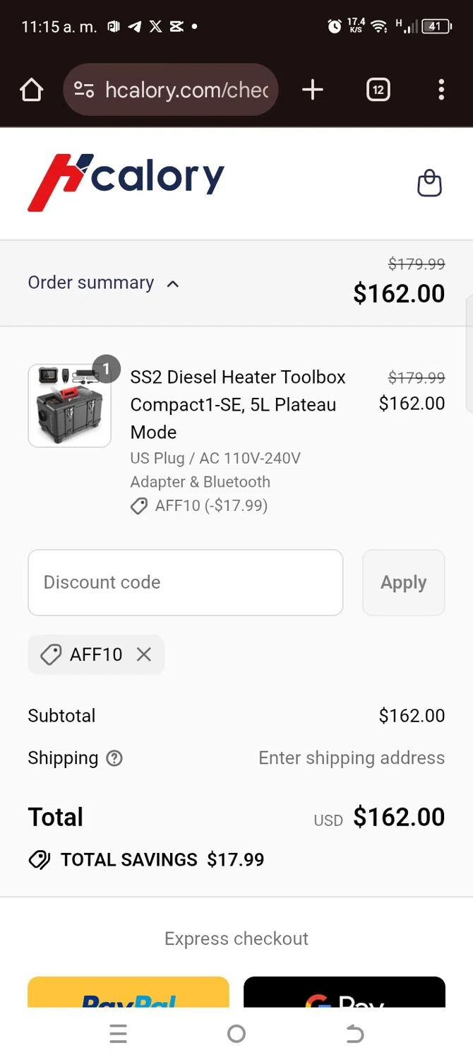 Hcalory discount code screenshot showing code Aff10 applied at Hcalory checkout page. Uploaded by SimplyCodes community member kellymoreno on Sep 10, 2025