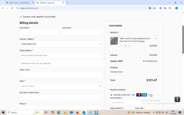 HcgRx checkout page showing HcgRx coupon code box | Screenshot taken by SimplyCodes community member on Aug 15, 2025