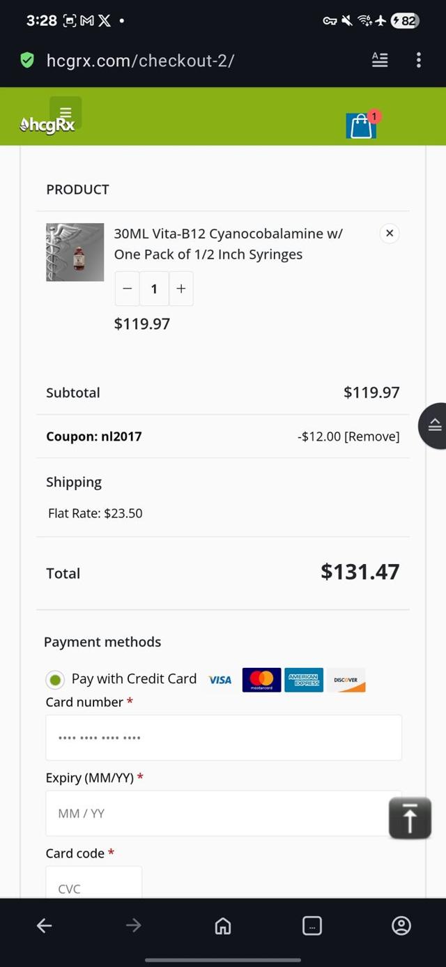 HcgRx checkout page showing HcgRx coupon code box | Screenshot taken by SimplyCodes community member on Aug 15, 2025