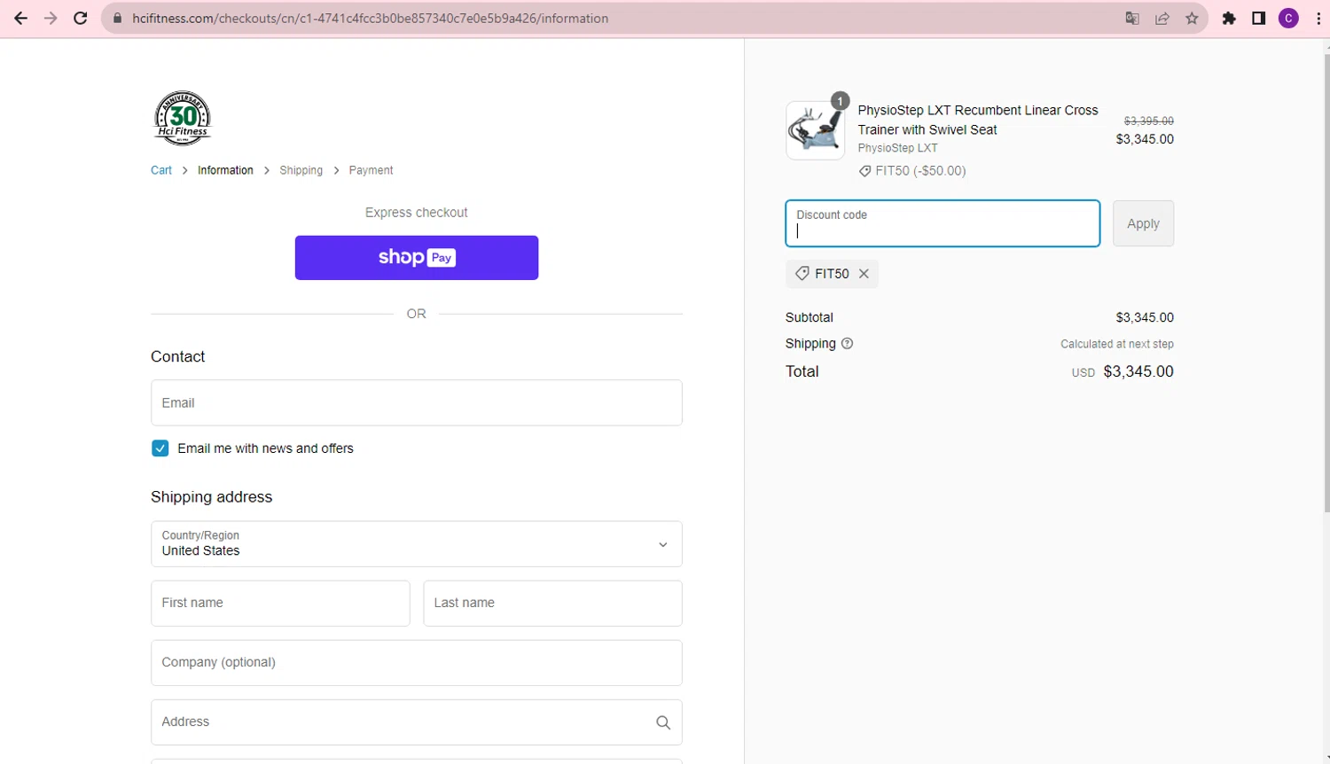 HCI Fitness checkout page showing HCI Fitness promo code box | Screenshot taken by SimplyCodes community member on Sep 17, 2023