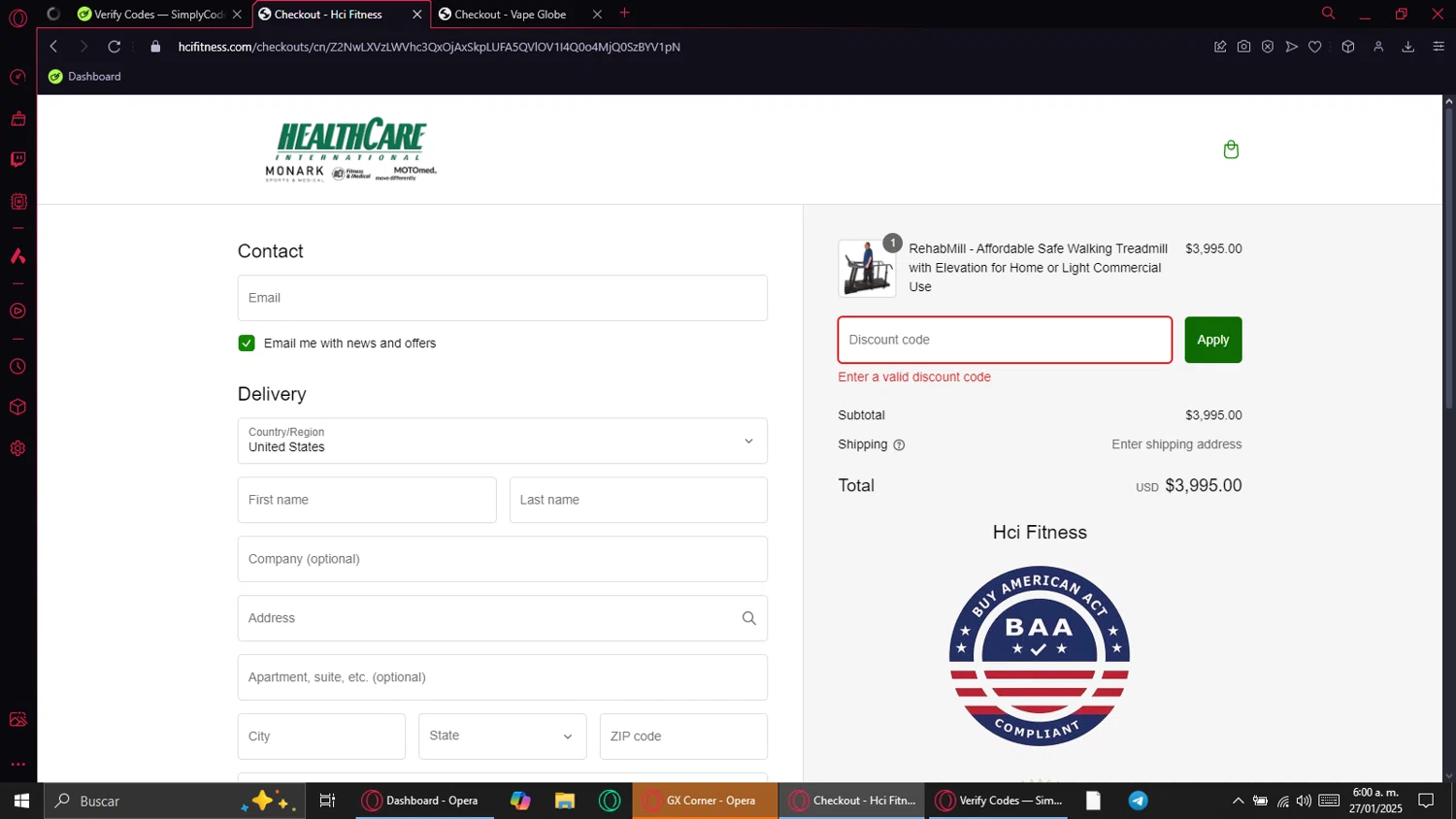 HCI Fitness promo code screenshot showing code FIT50 applied at HCI Fitness checkout page. Uploaded by SimplyCodes community member CoinSaver6395 on Jan 27, 2025
