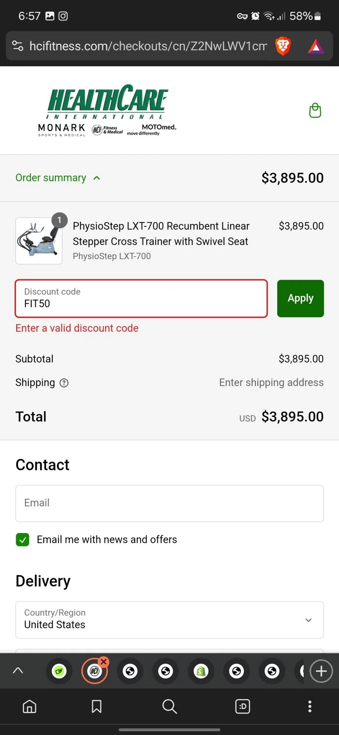 HCI Fitness promo code screenshot showing code FIT50 applied at HCI Fitness checkout page. Uploaded by SimplyCodes community member conorgrey on Jan 27, 2025