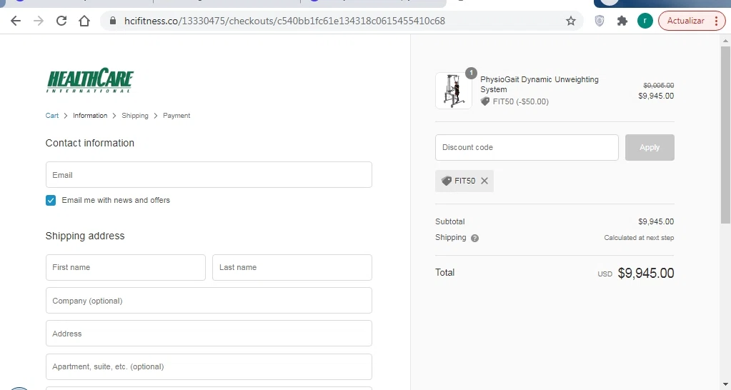 HCI Fitness checkout page showing HCI Fitness promo code box | Screenshot taken by SimplyCodes community member on Jun 10, 2022