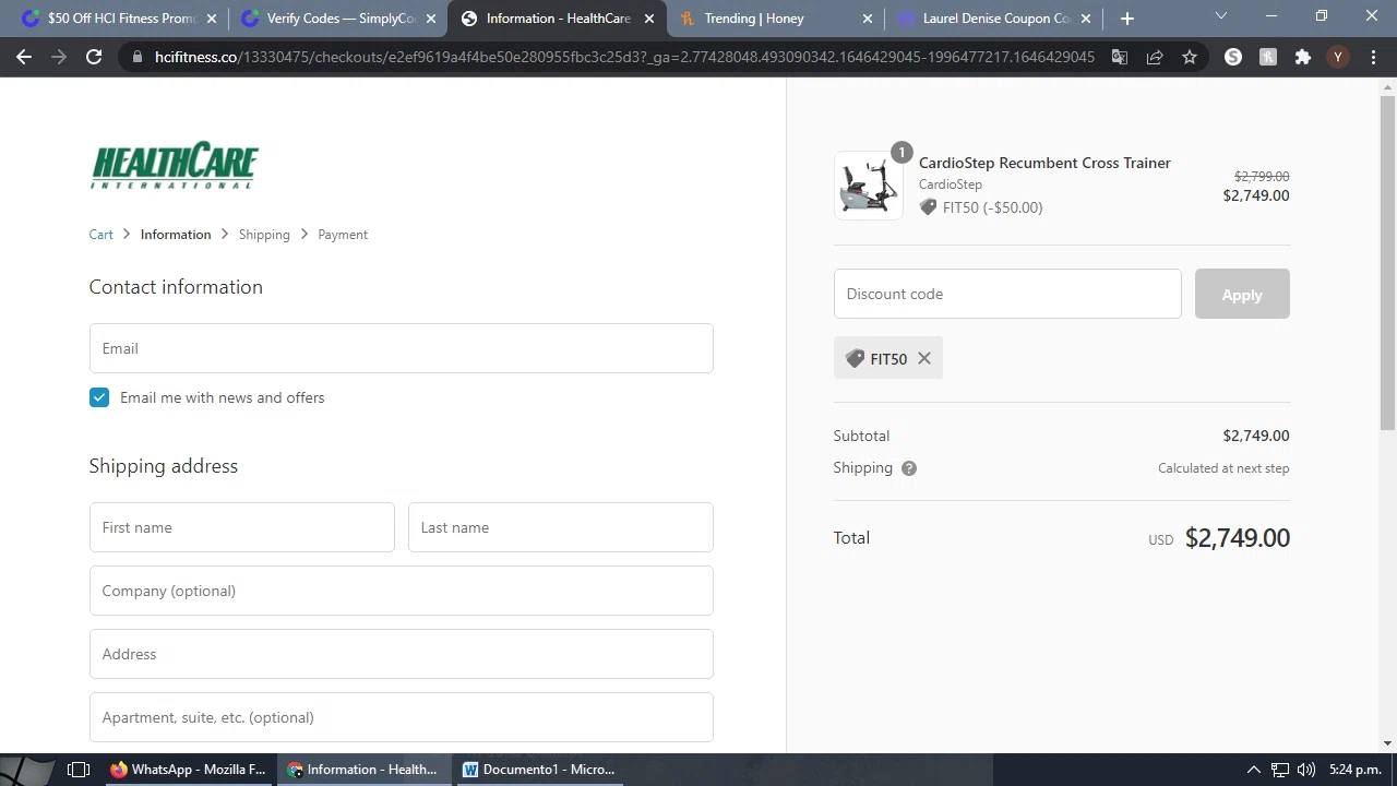 HCI Fitness checkout page showing HCI Fitness promo code box | Screenshot taken by SimplyCodes community member on Mar 4, 2022