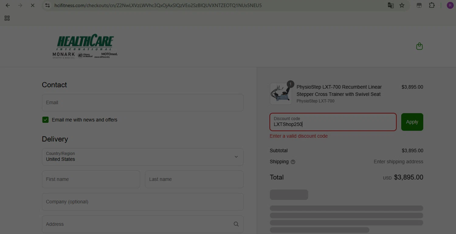 HCI Fitness promo code screenshot showing code LXTShop250 applied at HCI Fitness checkout page. Uploaded by SimplyCodes community member VoucherPilot6776 on Apr 30, 2025