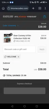 WELCOME coupon verification screenshot