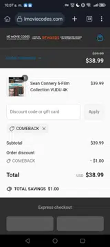 COMEBACK coupon verification screenshot