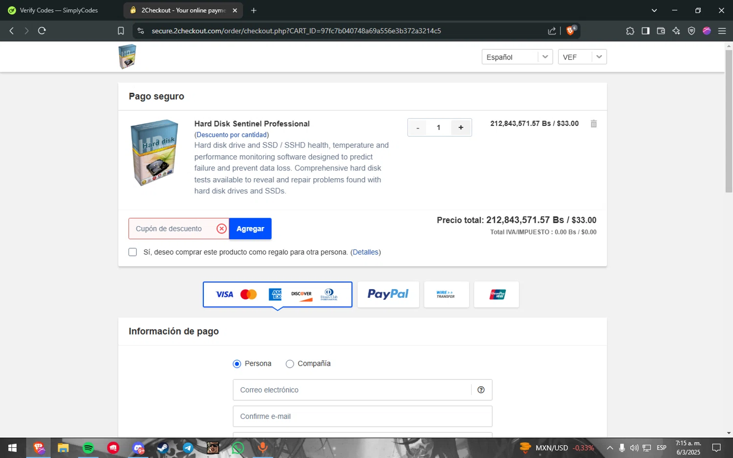 Hard Disk Sentinel discount code screenshot showing code HDS45SCP applied at Hard Disk Sentinel checkout page. Uploaded by SimplyCodes community member Freeman on Mar 6, 2025