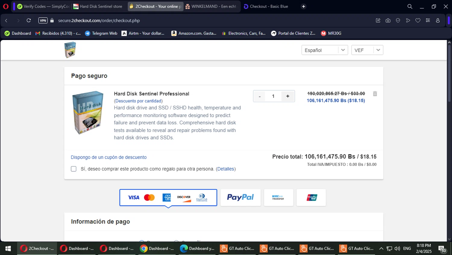 Hard Disk Sentinel checkout page showing Hard Disk Sentinel discount code box | Screenshot taken by SimplyCodes community member on Feb 5, 2025