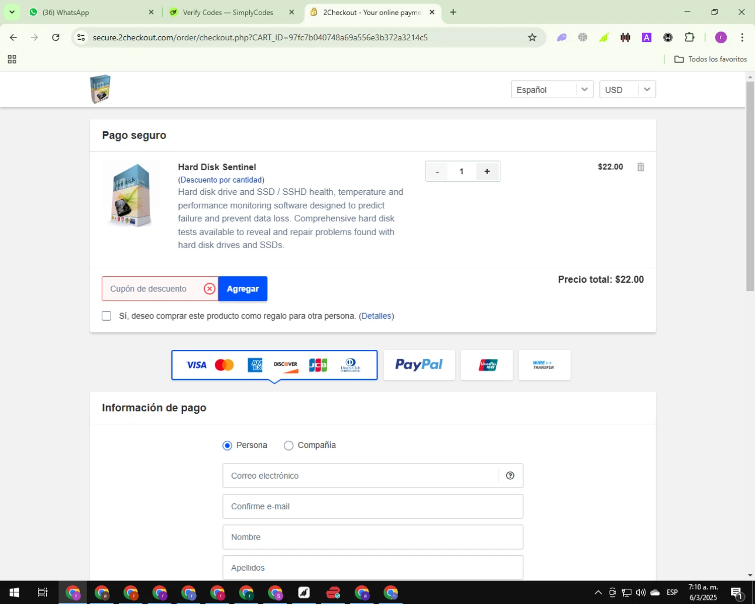 Hard Disk Sentinel discount code screenshot showing code HDS45SCP applied at Hard Disk Sentinel checkout page. Uploaded by SimplyCodes community member ashe1986 on Mar 6, 2025