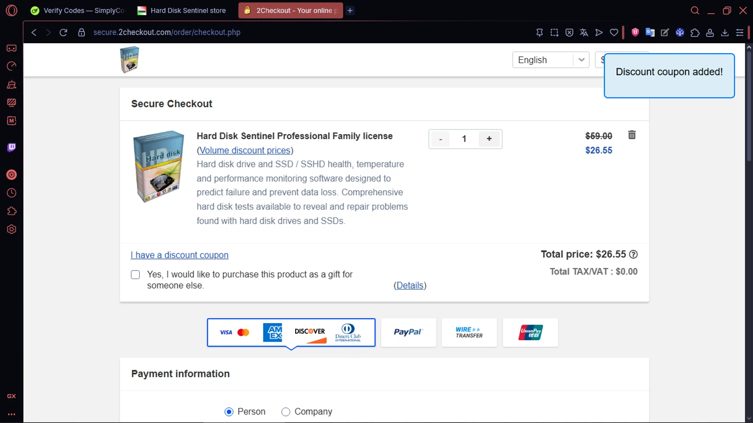 Hard Disk Sentinel checkout page showing Hard Disk Sentinel discount code box | Screenshot taken by SimplyCodes community member on Nov 28, 2025