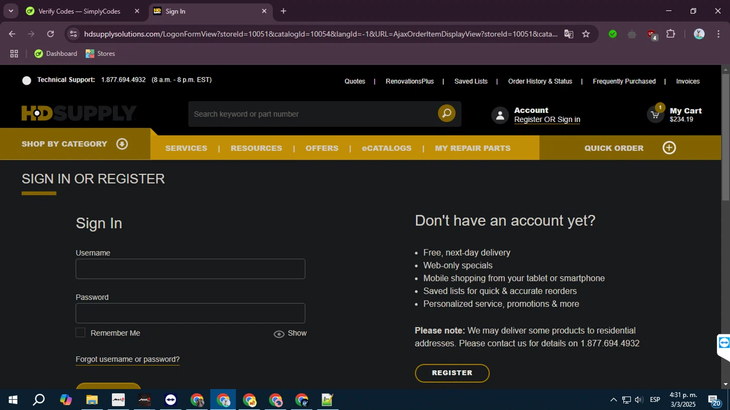 HD Supply Facilities Maintenance promo code screenshot showing code DV5 applied at HD Supply Facilities Maintenance checkout page. Uploaded by SimplyCodes community member ValiantLegend7294 on Mar 3, 2025