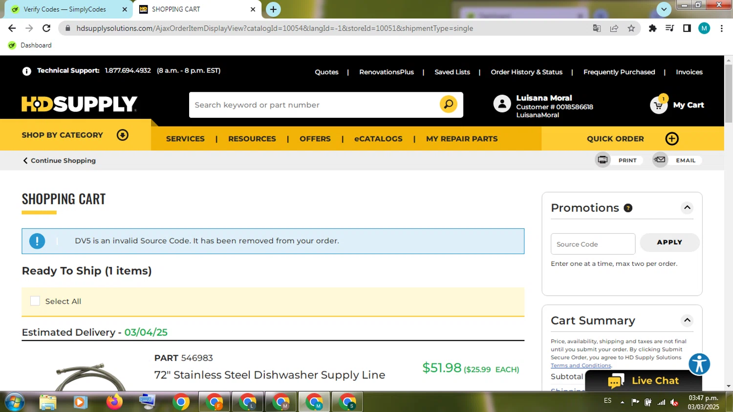 HD Supply Facilities Maintenance promo code screenshot showing code DV5 applied at HD Supply Facilities Maintenance checkout page. Uploaded by SimplyCodes community member ShieldGuardian4930 on Mar 3, 2025