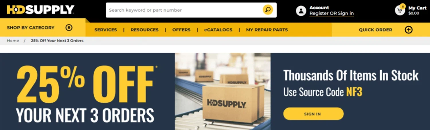 HD Supply Facilities Maintenance promo code screenshot showing code NF3 applied at HD Supply Facilities Maintenance checkout page. Uploaded by SimplyCodes community member Frionel_Pessi on Aug 30, 2025