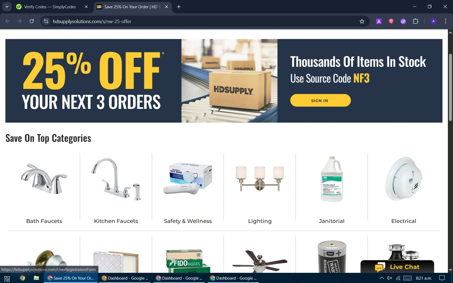 HD Supply Facilities Maintenance promo code screenshot showing code NF3 applied at HD Supply Facilities Maintenance checkout page. Uploaded by SimplyCodes community member ThriftySentinel2853 on Oct 28, 2025
