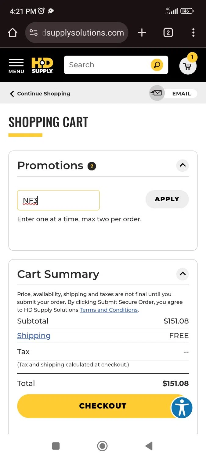 HD Supply Facilities Maintenance promo code screenshot showing code NF3 applied at HD Supply Facilities Maintenance checkout page. Uploaded by SimplyCodes community member juliocoronel038ef0f on Sep 15, 2025