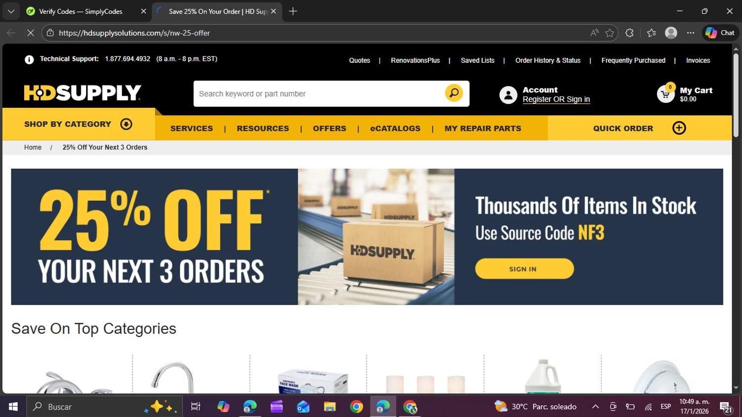 HD Supply Facilities Maintenance checkout page showing HD Supply Facilities Maintenance promo code box | Screenshot taken by SimplyCodes community member on Jan 17, 2026