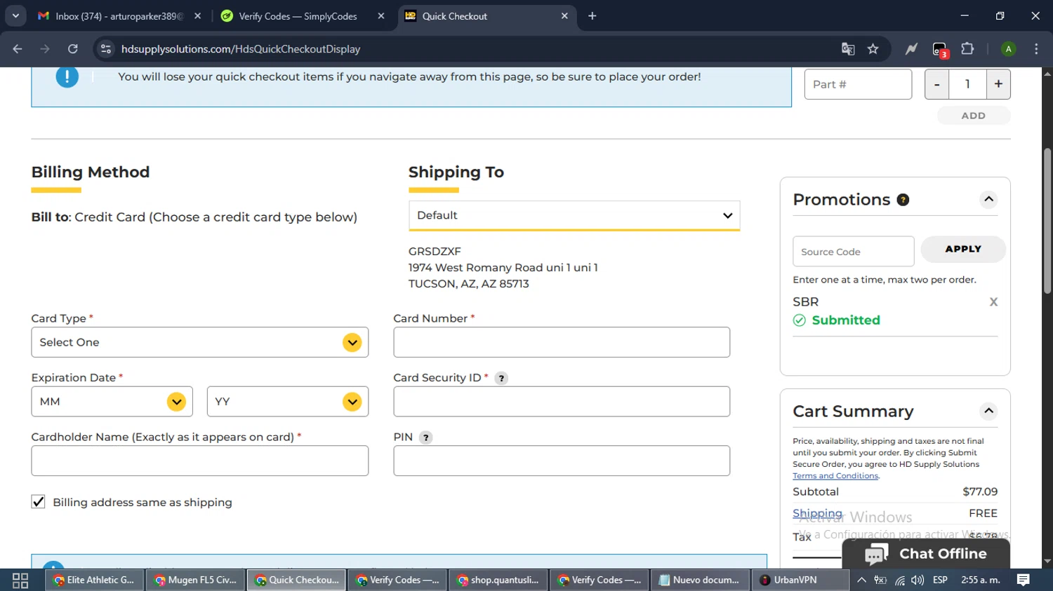 HD Supply Facilities Maintenance promo code screenshot showing code SBR applied at HD Supply Facilities Maintenance checkout page. Uploaded by SimplyCodes community member CashLynx5338 on Nov 7, 2025