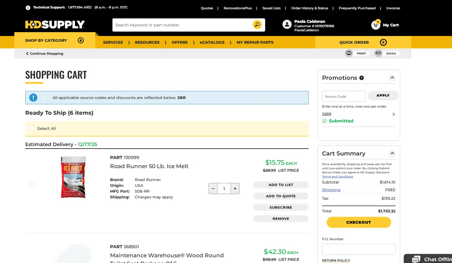 HD Supply Facilities Maintenance promo code screenshot showing code SBR applied at HD Supply Facilities Maintenance checkout page. Uploaded by SimplyCodes community member GoldRanger7896 on Dec 16, 2025