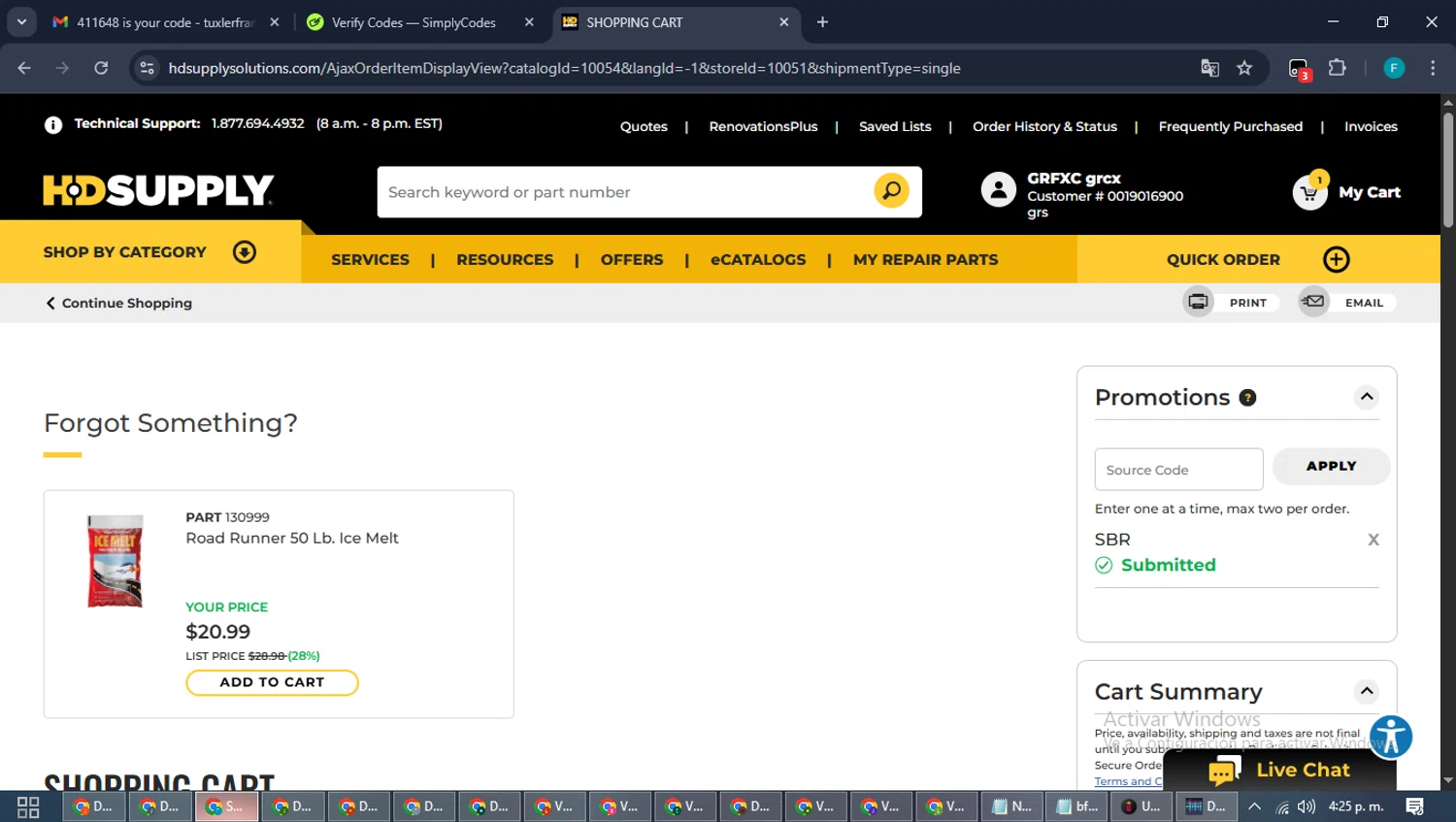 HD Supply Facilities Maintenance promo code screenshot showing code SBR applied at HD Supply Facilities Maintenance checkout page. Uploaded by SimplyCodes community member ShrewdTitan3233 on Dec 1, 2025
