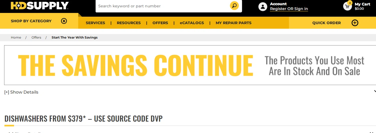 HD Supply Facilities Maintenance promo code screenshot showing code DVP applied at HD Supply Facilities Maintenance checkout page. Uploaded by SimplyCodes community member RonaldAcunaJr on Jan 3, 2026