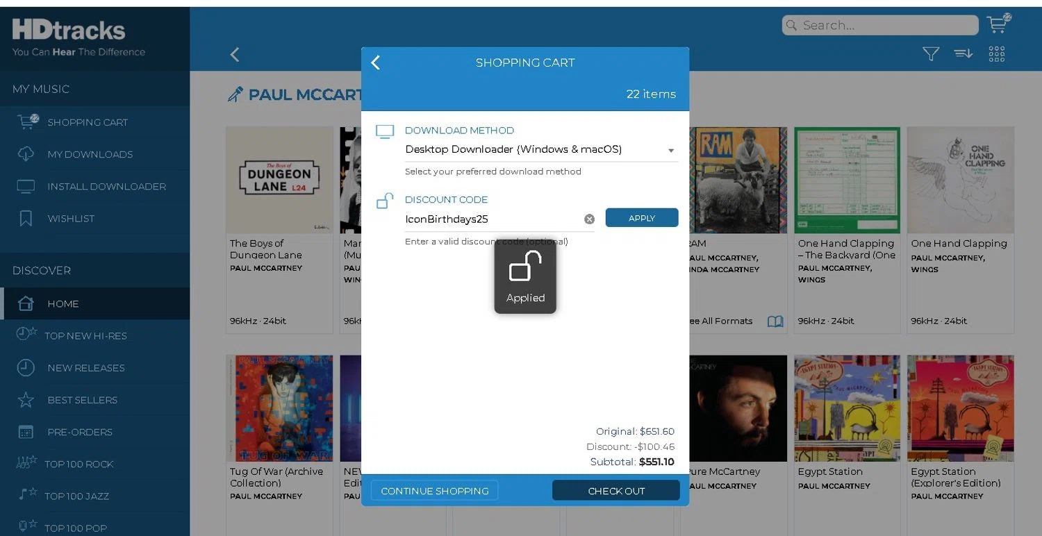 HDtracks promo code screenshot showing code IconBirthdays25 applied at HDtracks checkout page. Uploaded by SimplyCodes community member LAMINEJAMAL on Jun 16, 2026
