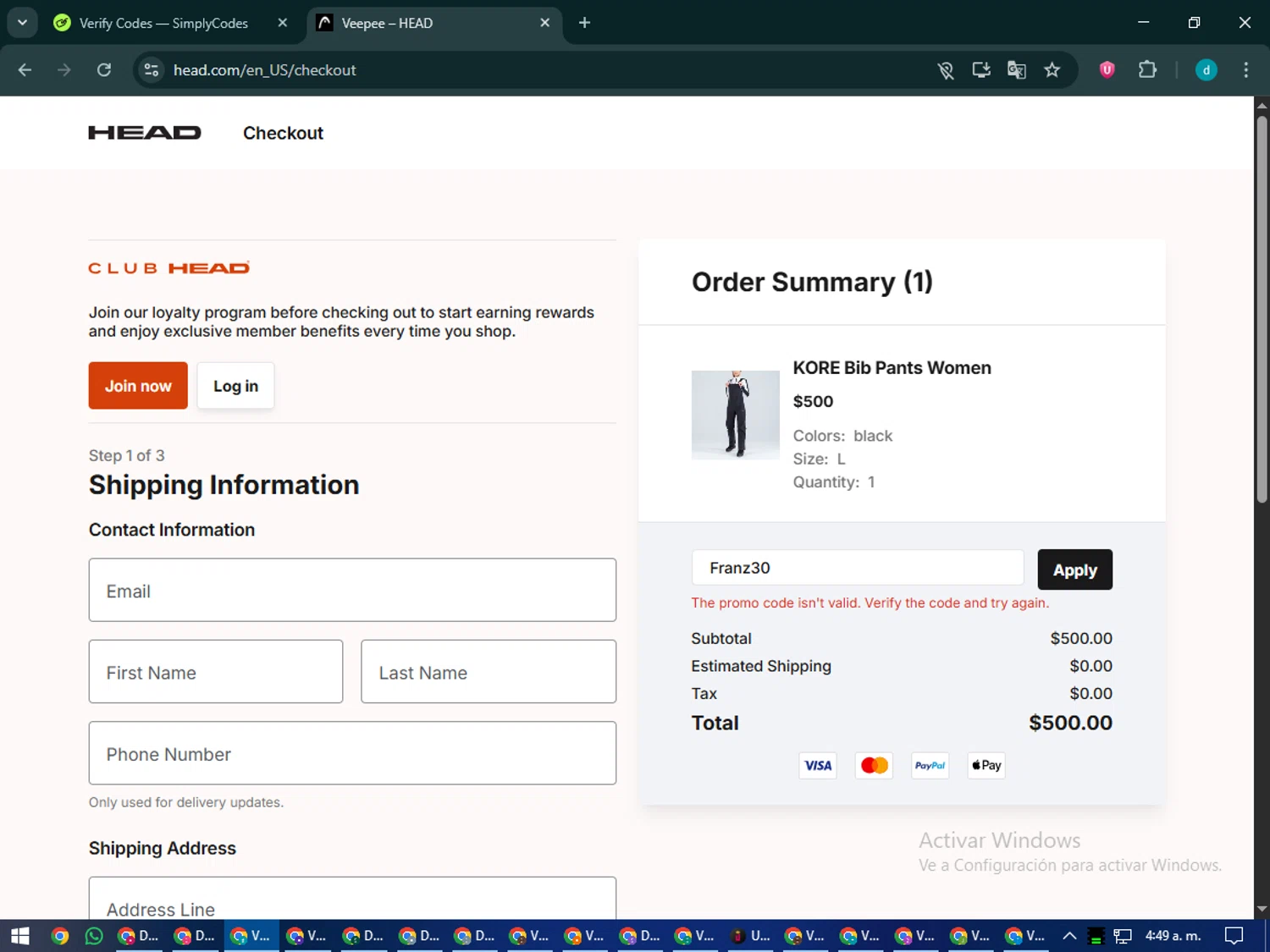 HEAD discount code screenshot showing code Franz30 applied at HEAD checkout page. Uploaded by SimplyCodes community member CodeMaverick5767 on Oct 20, 2025