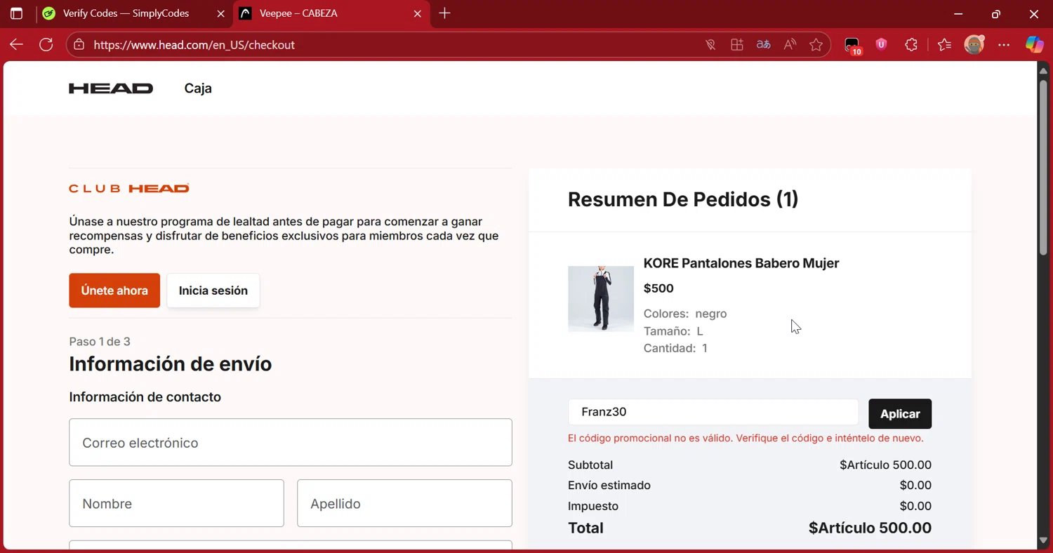 HEAD discount code screenshot showing code Franz30 applied at HEAD checkout page. Uploaded by SimplyCodes community member DiscountScout1417 on Oct 20, 2025
