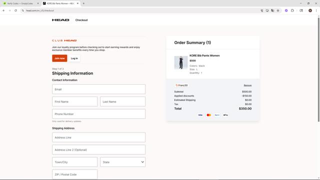 HEAD checkout page showing HEAD discount code box | Screenshot taken by SimplyCodes community member on Sep 3, 2025
