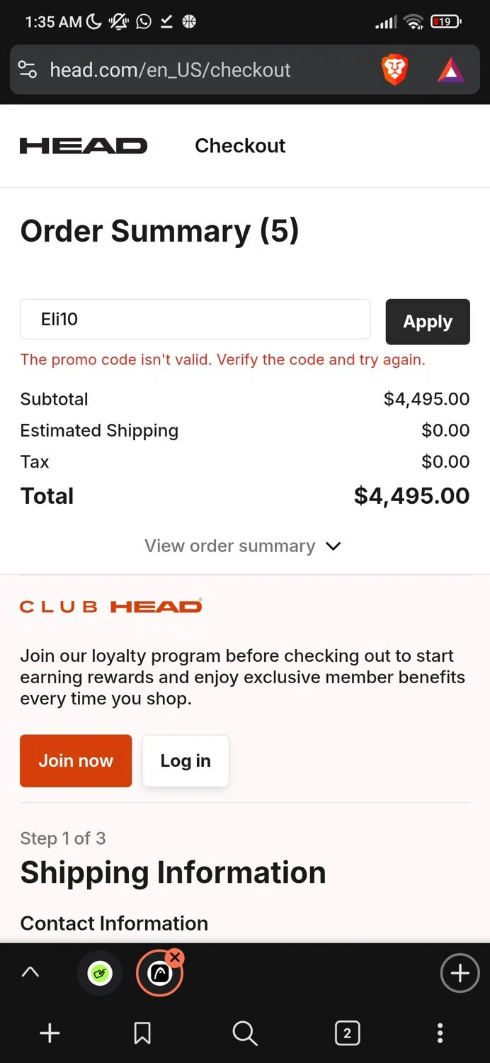 HEAD discount code screenshot showing code Eli10 applied at HEAD checkout page. Uploaded by SimplyCodes community member Enmanuel99 on Dec 31, 2025