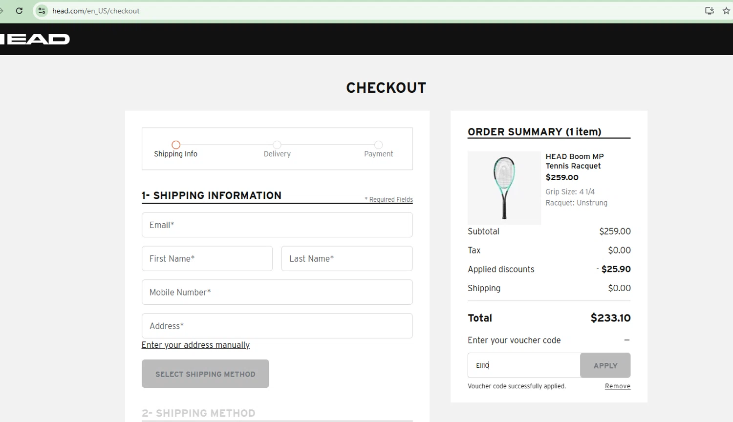HEAD discount code screenshot showing code Eli10 applied at HEAD checkout page. Uploaded by SimplyCodes community member CoinOwl9375 on Jan 23, 2025