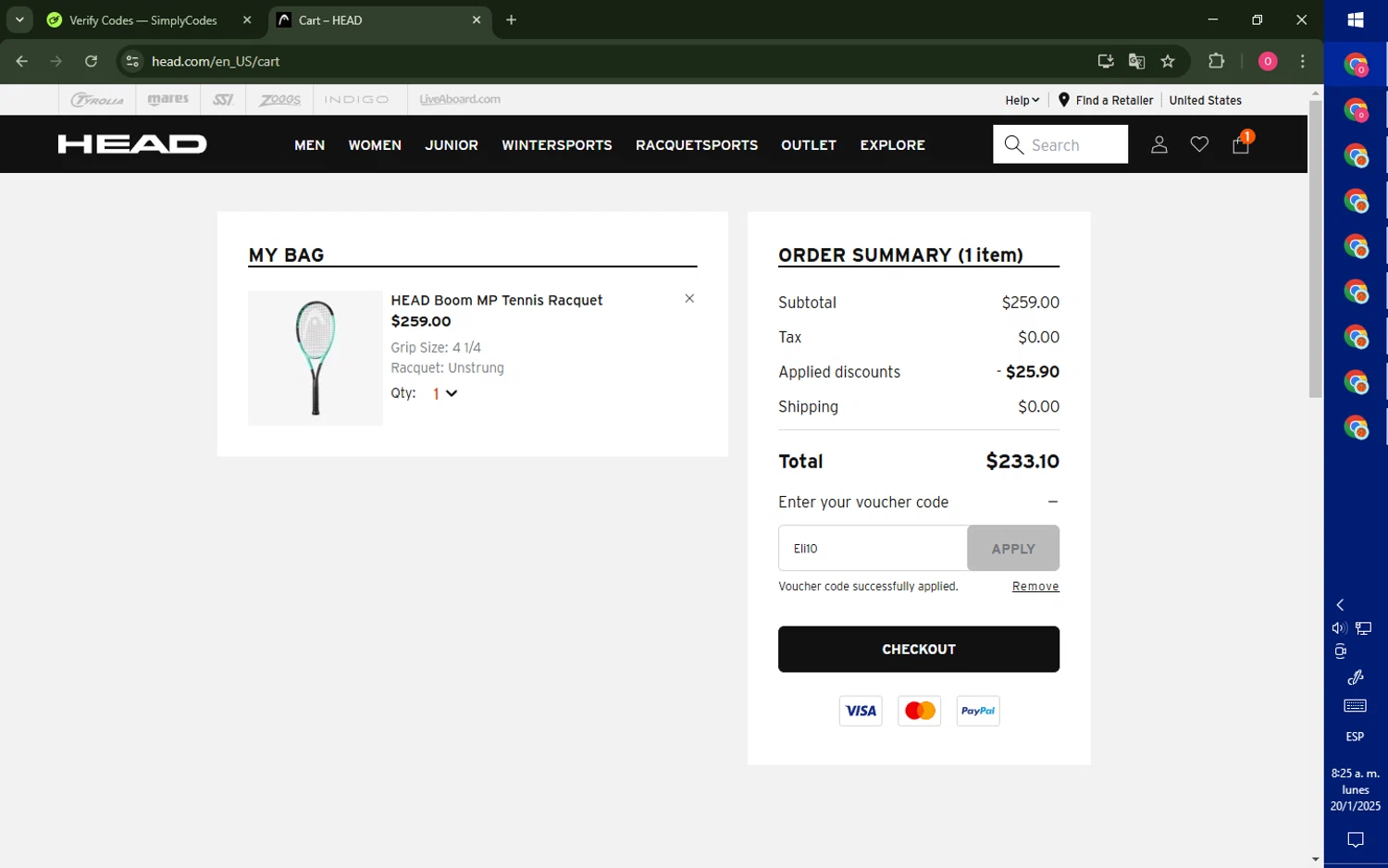 HEAD discount code screenshot showing code Eli10 applied at HEAD checkout page. Uploaded by SimplyCodes community member LegendaryRanger6350 on Jan 20, 2025