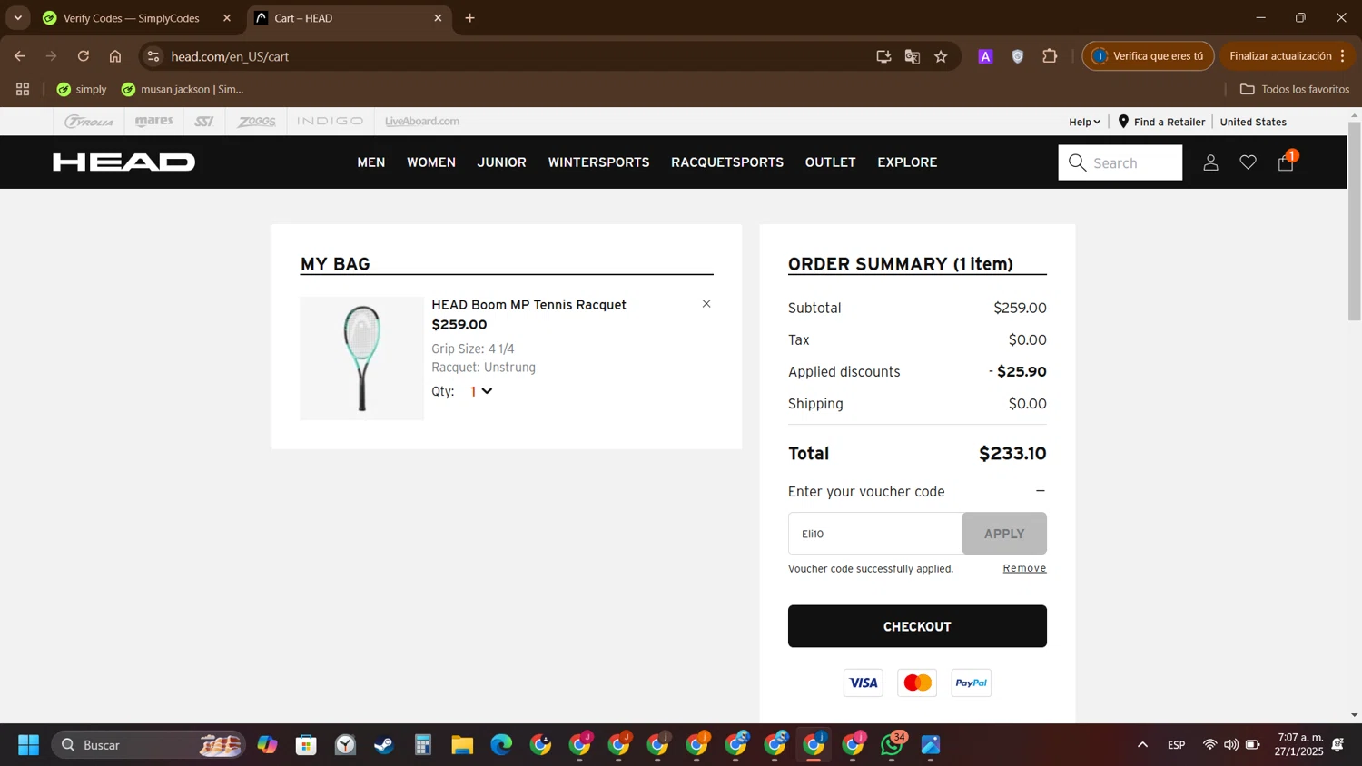 HEAD discount code screenshot showing code Eli10 applied at HEAD checkout page. Uploaded by SimplyCodes community member yameteqdasai on Jan 27, 2025