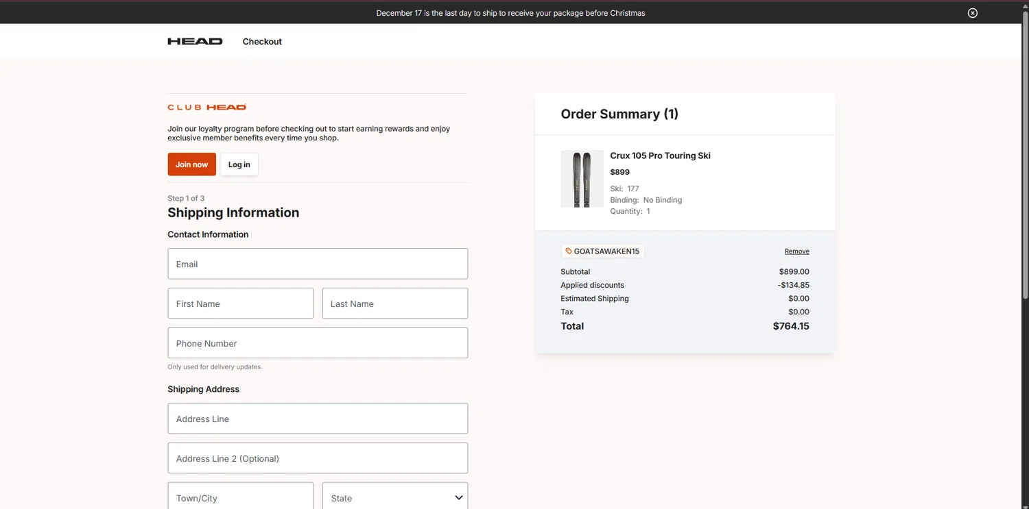 HEAD discount code screenshot showing code GOATSAWAKEN15 applied at HEAD checkout page. Uploaded by SimplyCodes community member TreasureHero9595 on Dec 14, 2025