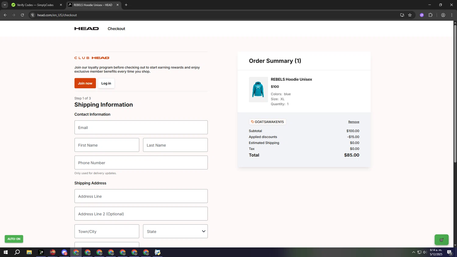 HEAD discount code screenshot showing code GOATSAWAKEN15 applied at HEAD checkout page. Uploaded by SimplyCodes community member aaaaaaaaaaaaaaaaaaaaa on Dec 5, 2025