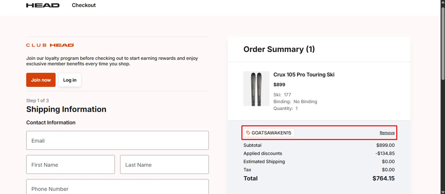 HEAD discount code screenshot showing code GOATSAWAKEN15 applied at HEAD checkout page. Uploaded by SimplyCodes community member obert0264_b14f on Feb 25, 2026