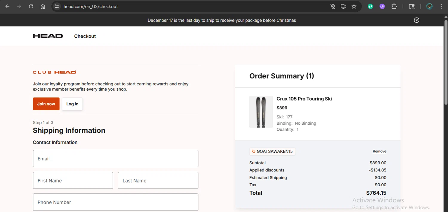 HEAD discount code screenshot showing code GOATSAWAKEN15 applied at HEAD checkout page. Uploaded by SimplyCodes community member xAngel on Dec 14, 2025