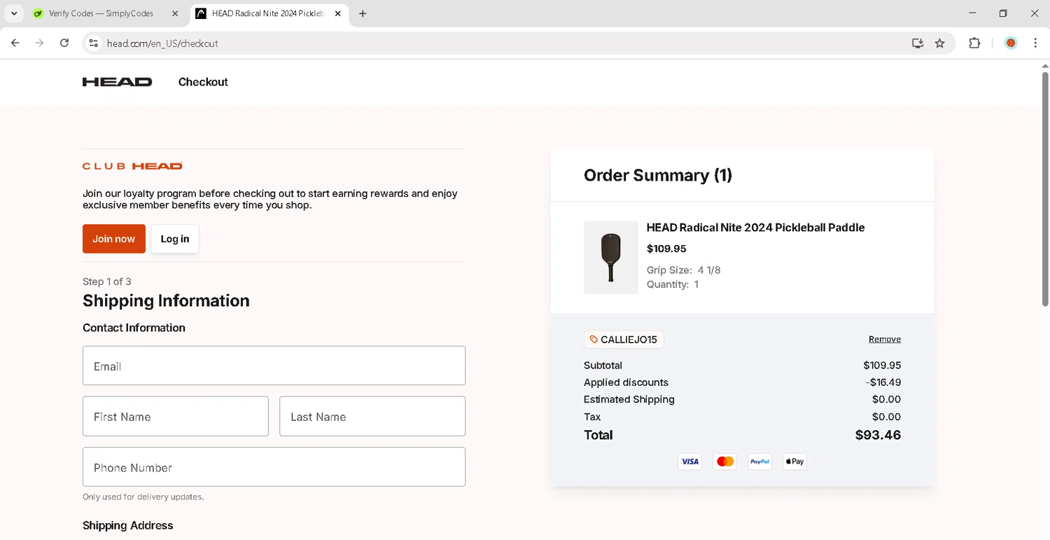 HEAD discount code screenshot showing code CALLIEJO15 applied at HEAD checkout page. Uploaded by SimplyCodes community member JosephStevens774 on Oct 2, 2025