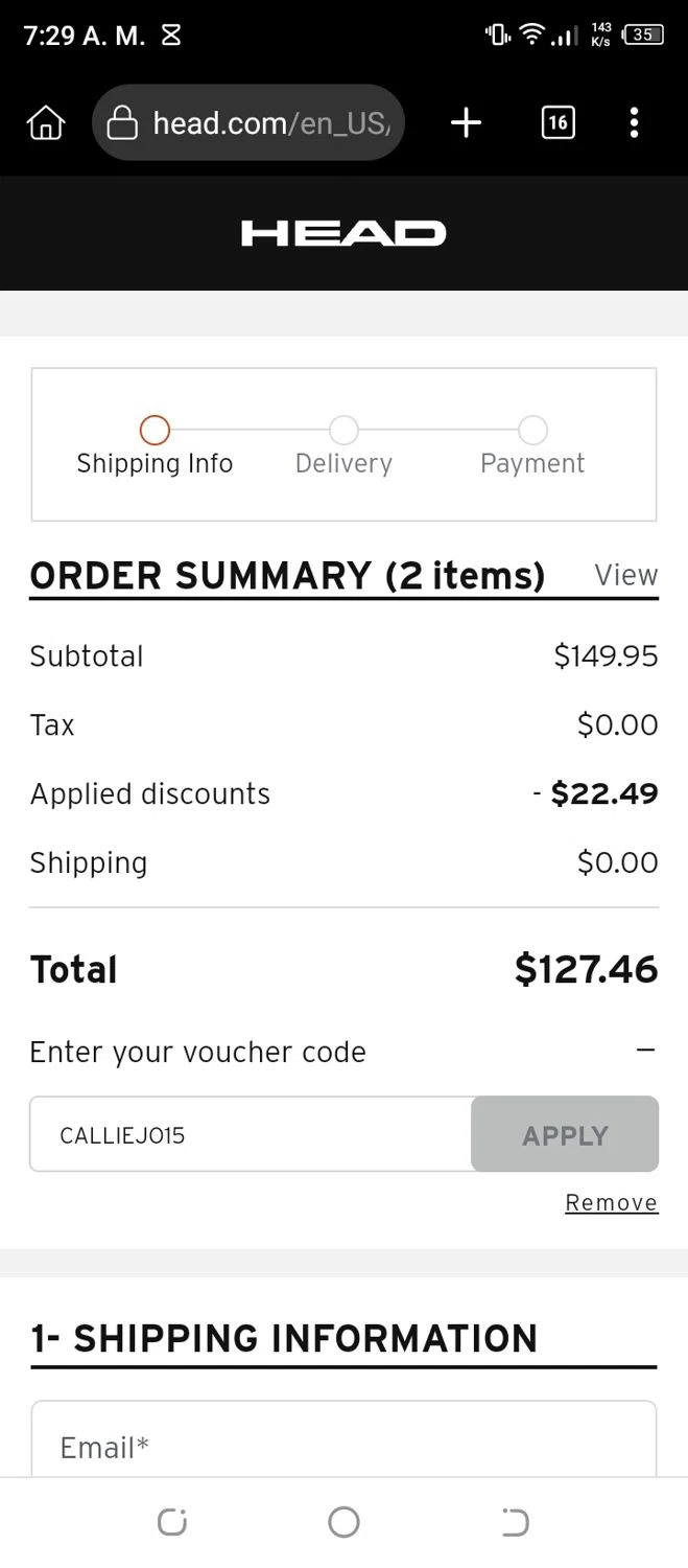 HEAD discount code screenshot showing code CALLIEJO15 applied at HEAD checkout page. Uploaded by SimplyCodes community member luissilva2 on Apr 20, 2025